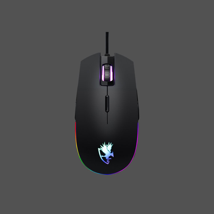 A black wired gaming mouse with RGB lighting accents and a glowing dragon logo on the palm rest, viewed from above against a plain gray background.