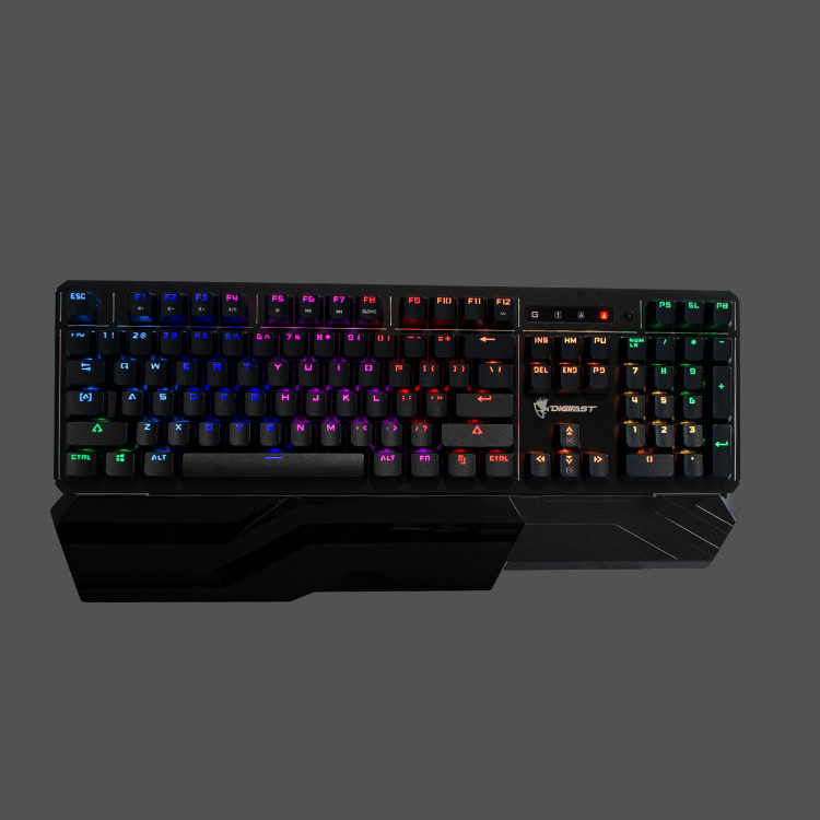 A mechanical gaming keyboard with multicolored RGB backlighting on the keys, featuring a wrist rest and a dark, angular design, displayed on a plain gray background.