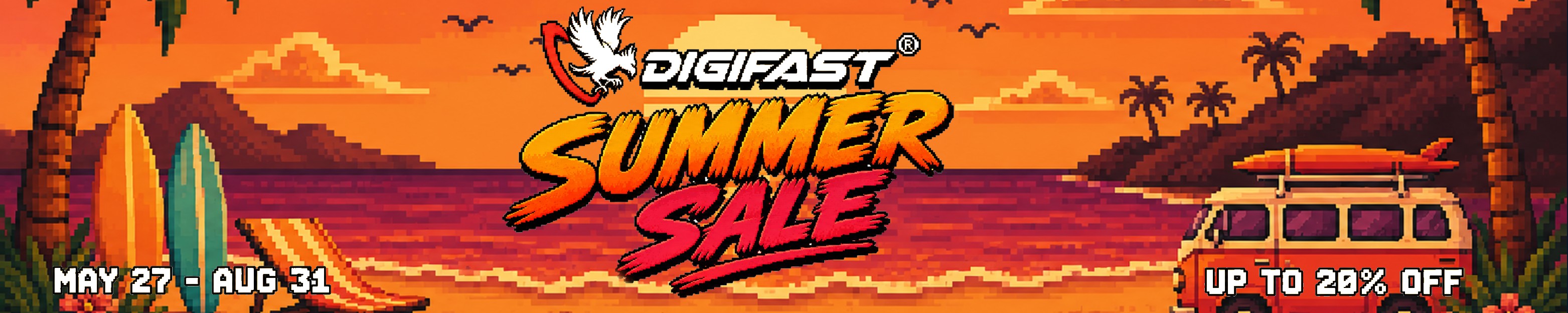 A pixel art beach scene at sunset with surfboards, a striped lounge chair, a palm tree, and a van. Text reads: DIGIFAST SUMMER SALE, May 27 - Aug. 31, Up to 20% off.