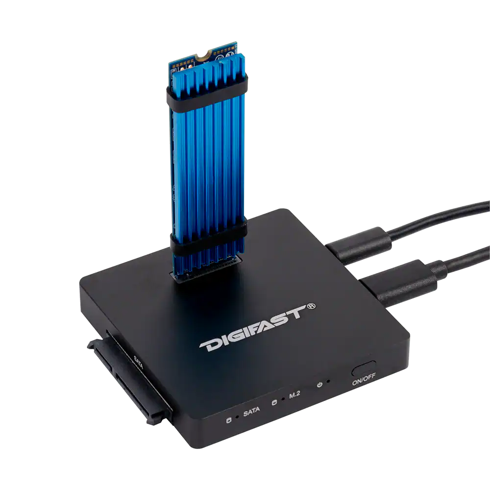 The Digifast DX3 M.2 SSD/2.5 SATA SSD Docking Base Ultra High Speed Read and Write supports vertical M.2 SSD installation, features indicator lights, high-speed ports for SATA/M.2 drives, and connected cables in a sleek black design.
