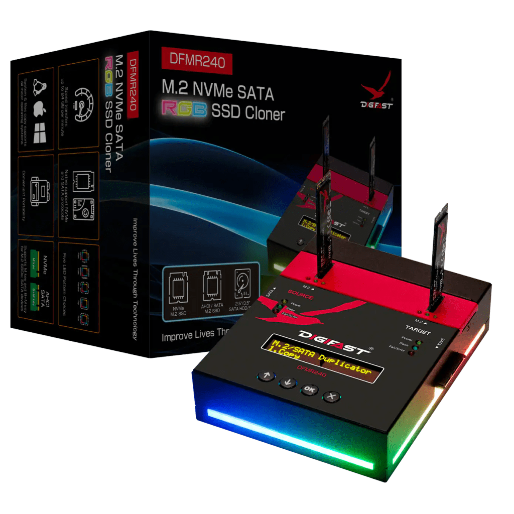 The Digifast M.2 NVMe/SATA, 2.5″/3.5″ SATA RGB Cloner And Eraser 1-1 device, shown with two SSDs and its packaging, features LED lighting, a display, and supports cloning and RGB eraser functions.