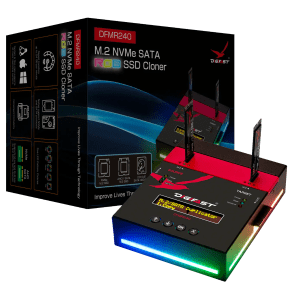The Digifast M.2 NVMe/SATA, 2.5″/3.5″ SATA RGB Cloner And Eraser 1-1 device, shown with two SSDs and its packaging, features LED lighting, a display, and supports cloning and RGB eraser functions.
