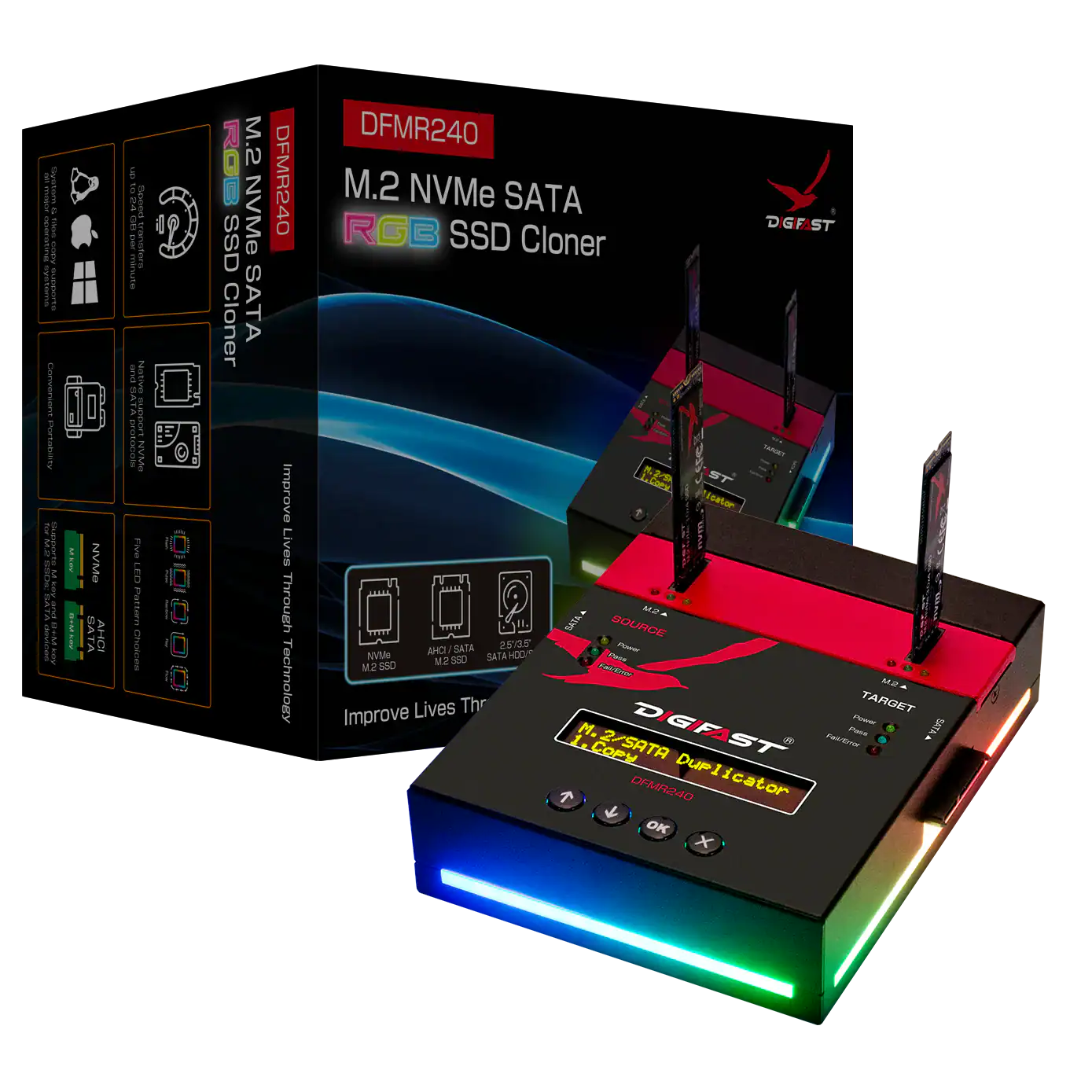 The Digifast M.2 NVMe/SATA, 2.5″/3.5″ SATA RGB Cloner And Eraser 1-1 device, shown with two SSDs and its packaging, features LED lighting, a display, and supports cloning and RGB eraser functions.