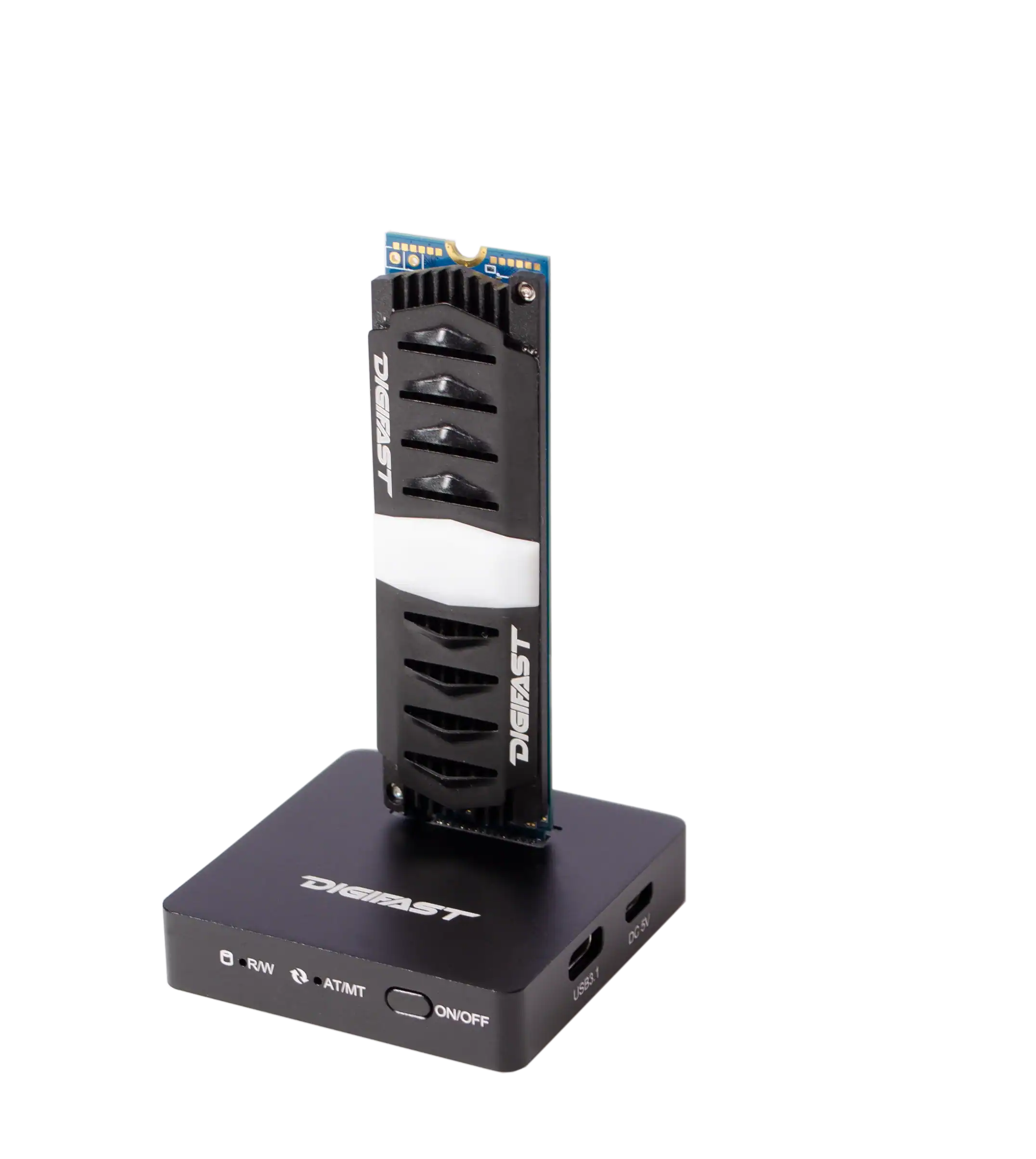 A Digifast M.2 NVMe SSD Docking Base, USB3.2 GEN2 Type-C, displays a black and silver M.2 NVMe SSD inserted vertically, with buttons, indicator lights, and USB3.2 GEN2 ports on its front and side panels.