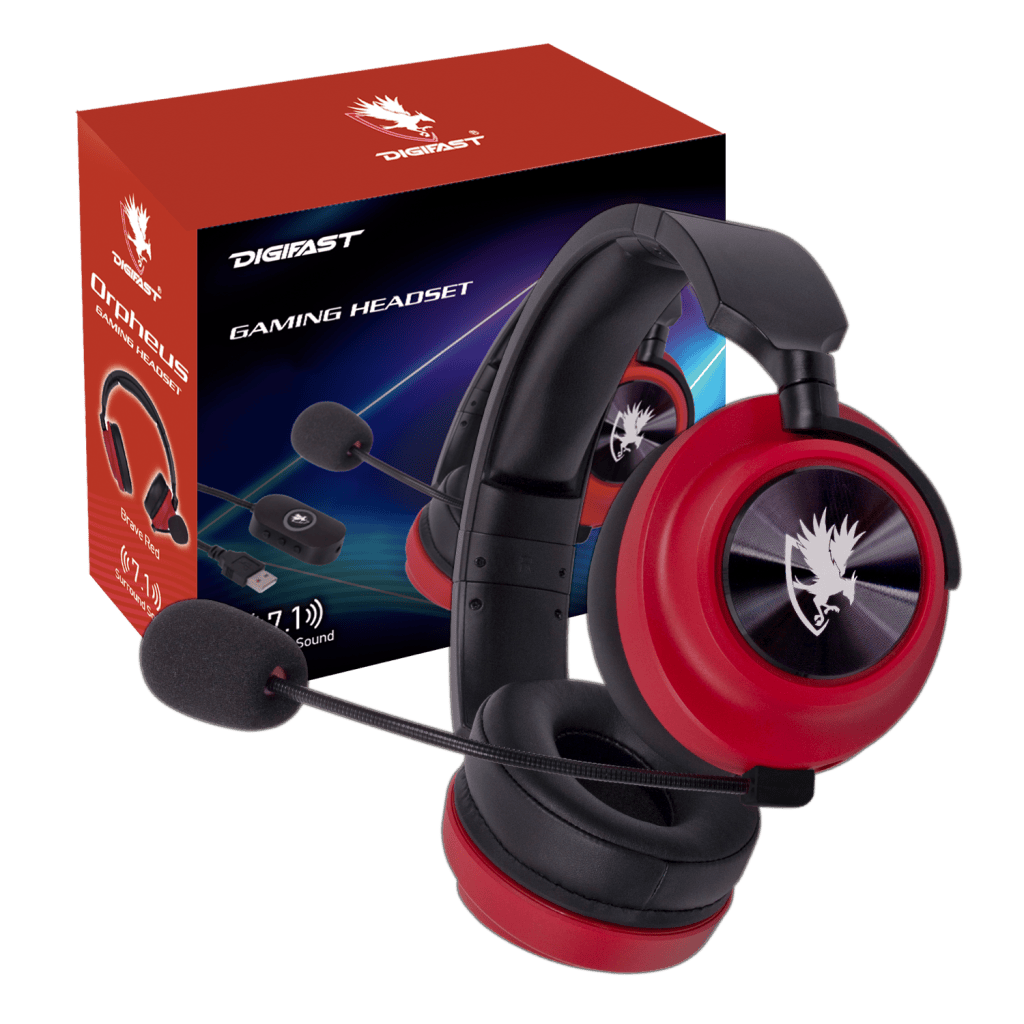 Digifast Orpheus Red Gaming Headset, Noise-Canceling Adjustable Microphone, Remote Vol/Mic Control, Plug & Play, 50 mm driver