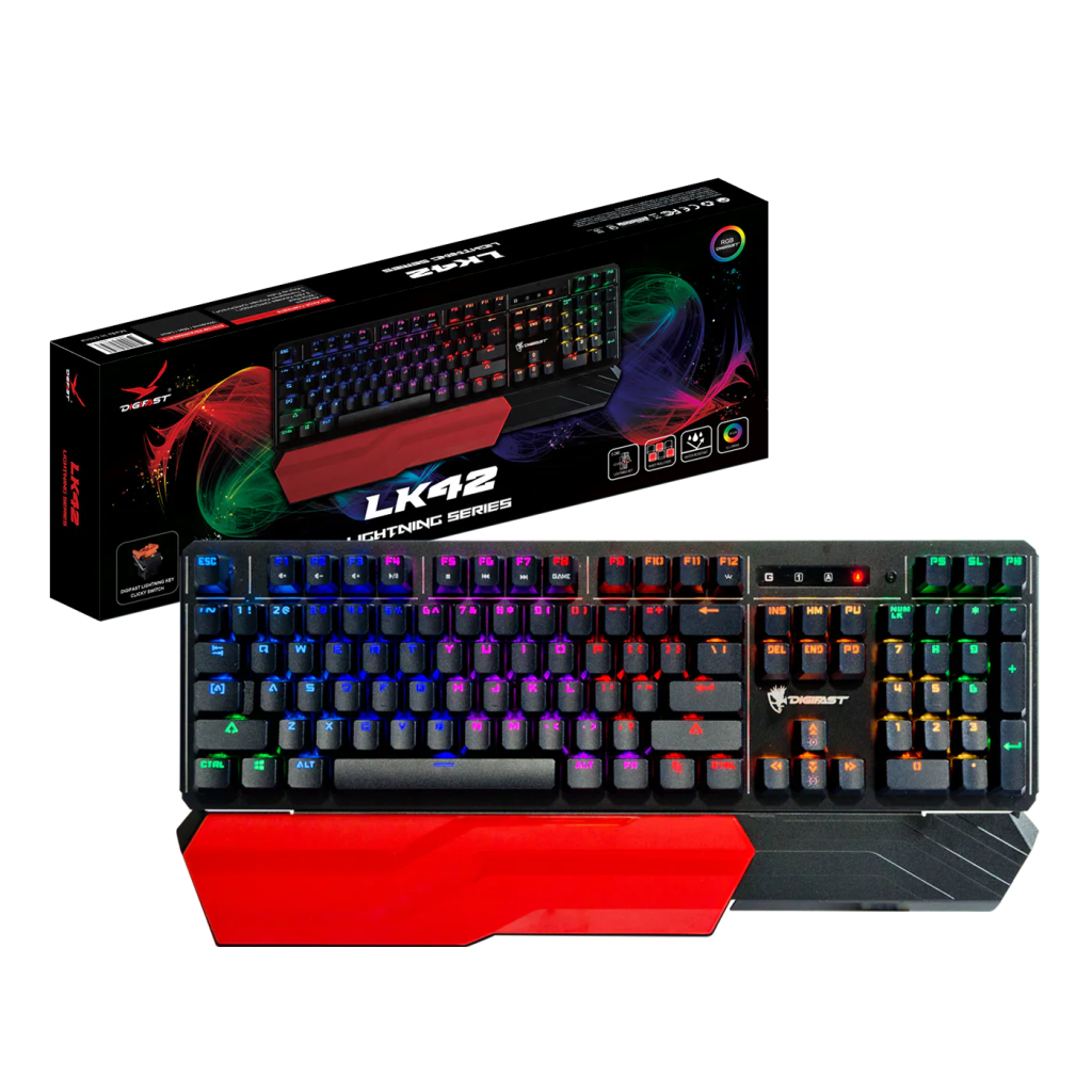 Digifast LK42 Mechanical RGB Gaming Keyboard, Optical Clicky Switches, 100 million keystroke lifespan, Customizable Color, Water-Resistant Design, Ergonomic Wrist Rest