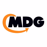 The MDG logo features bold black letters MDG with an orange arrow curving from the left side of the M around to the right side of the G on a white background, making it easily recognizable for those looking where to buy MDG products.